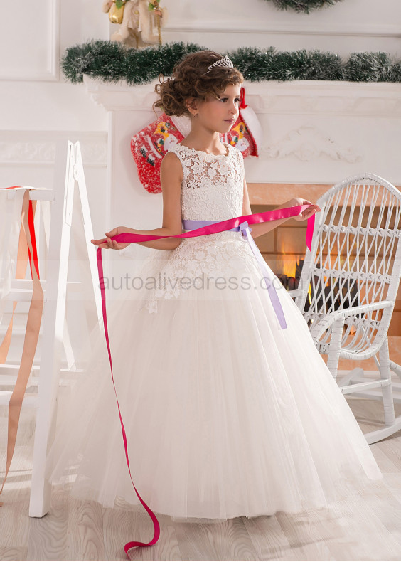 Sheer Neck Ivory Lace Tulle Long Flower Girl Dress Hot Sale Dress